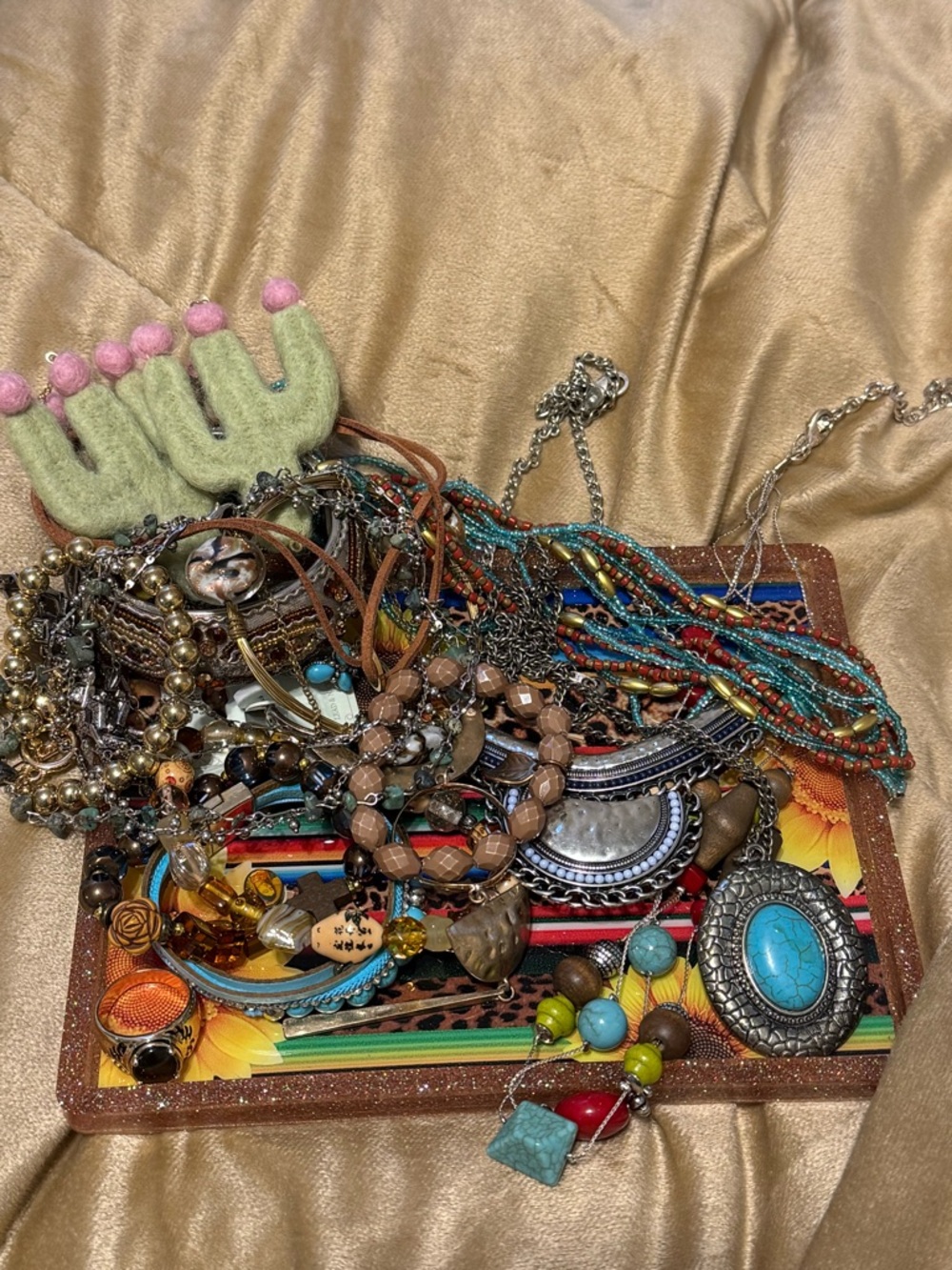 Southwestern Boho Jewelry Lot w Tray Turquoise Beaded Mixed Media Statement